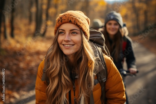 Friends pedaling through a park blanketed in fall foliage  hygge concept