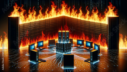 A creative visualization of a firewall, depicted as a literal wall of fire, protecting a network of computers. The firewall is a towering, intense wall