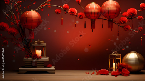christmas lantern on the background Captivating Paper Lanterns in the dark red room with blooming tree branches generative ai decoration, traditional, outdoor, night, festival