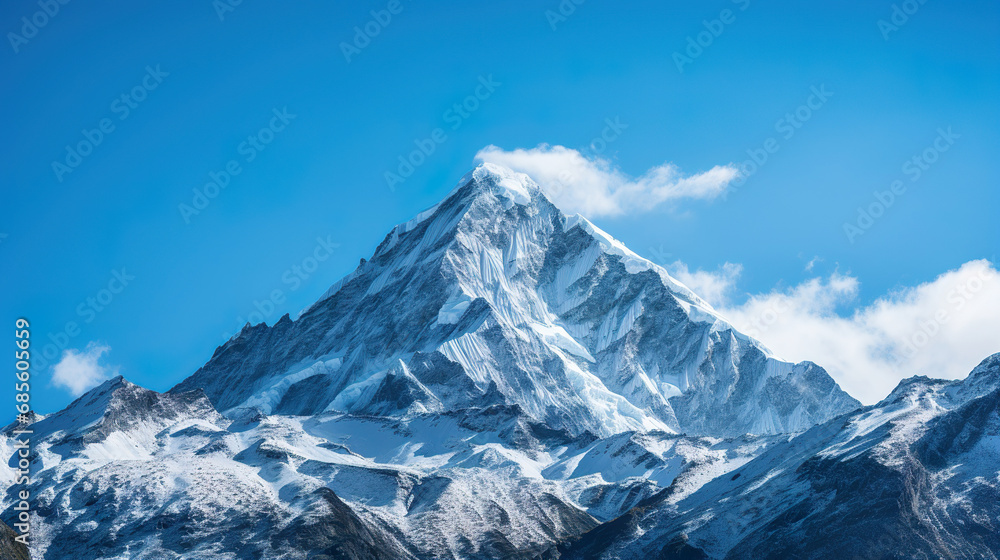 Snow-covered mountain against a blue sky. Generative Ai