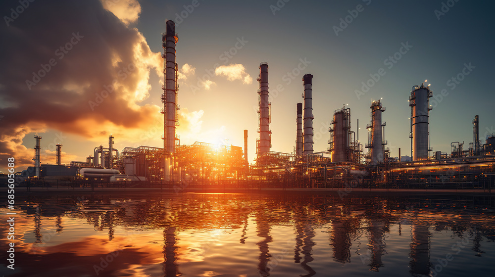 Industrial view at oil refinery plant form industry at sunset