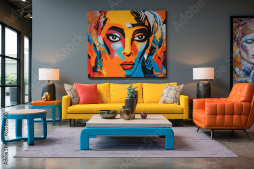 Eclectic energy with pop art living room, where eye catching furniture, statement wall art, and a touch of nostalgia