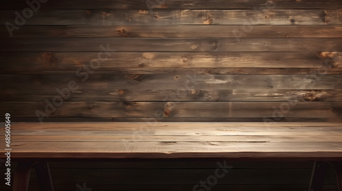 wooden table and dark wooden wall. Generative AI.