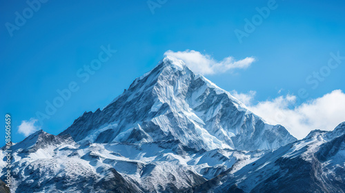 Snow-covered mountain against a blue sky. Generative Ai