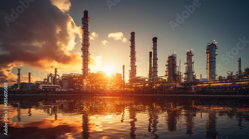 Industrial view at oil refinery plant form industry at sunset