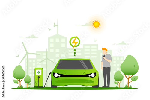 Electric car charging station, Smart city with vehicle technology net zero emission and eco friendly, Environmental care and use clean green energy from renewable sources and low carbon concept.