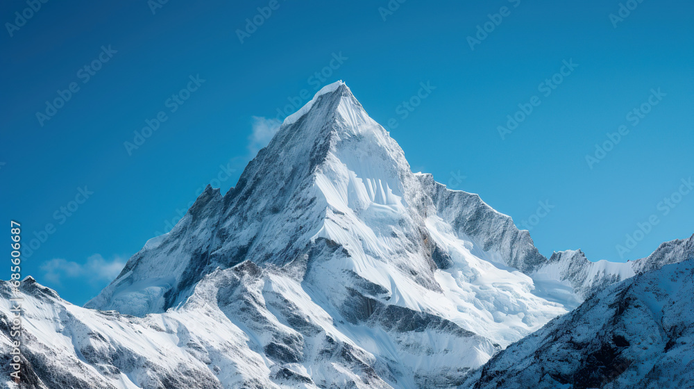 Snow-covered mountain against a blue sky. Generative Ai