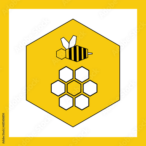 Bee and flower sign icon in yellow honey cell - flat vector geometric illustration with yellow frame. Icon on the theme of honey and beekeeping