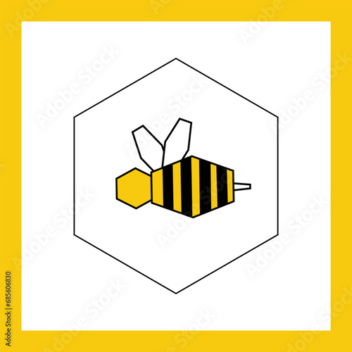 Bee sign icon in honey cell - flat vector geometric illustration with yellow frame. Icon on the theme of honey and beekeeping