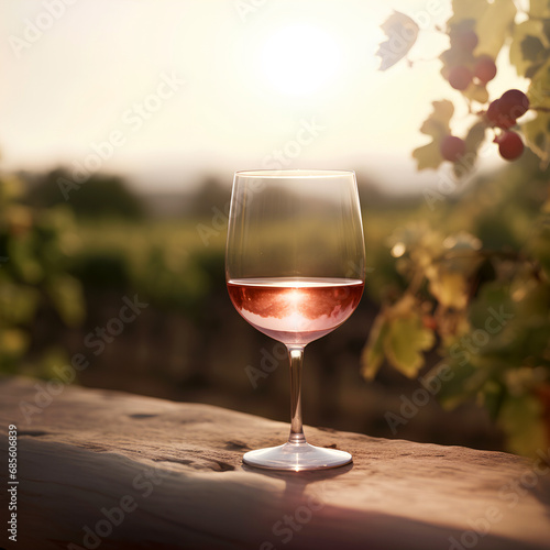 Glass of pink wine outdoors on blurred vineyard background