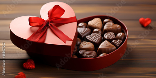 Heart shaped box with chocolate praline on wooden background