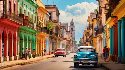 A vibrant street in Havana, Cuba, lined with colorful colonial buildings and vintage cars. © AQ Arts