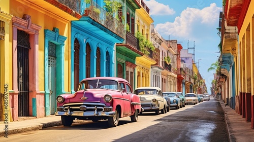 A vibrant street in Havana, Cuba, lined with colorful colonial buildings and vintage cars. © AQ Arts