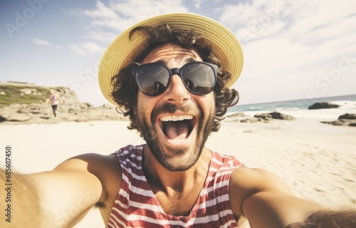 Handsome man wearing hat and sunglasses taking selfie picture on summer vacation day - Happy hiker with backpack smiling at camera outside - Tourist walking on the beach - Traveling and technology