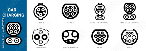 types of electric vehicle plugs. standard charging connector plug and socket. Connectors for electric vehicles photo