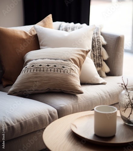 Design a small area rug which makes a city living room of a flat beautiful and stylist, textured cushions, cozy, tranquil and serenity, the sofa