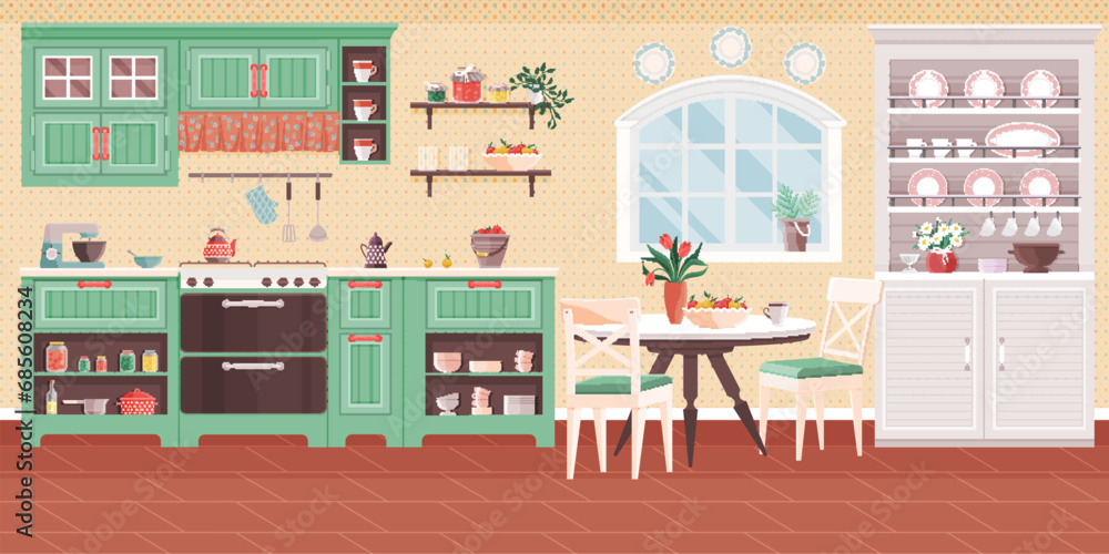 Kitchen vector illustration. The kitchen interior reflects personal style, making daily living visual pleasure Culinary creativity blossoms in kitchen adorned with stylish decor and utensils Kitchen vector illustration. The kitchen interior reflects personal style, making daily living visual pleasure Culinary creativity blossoms in kitchen adorned with stylish decor and utensils