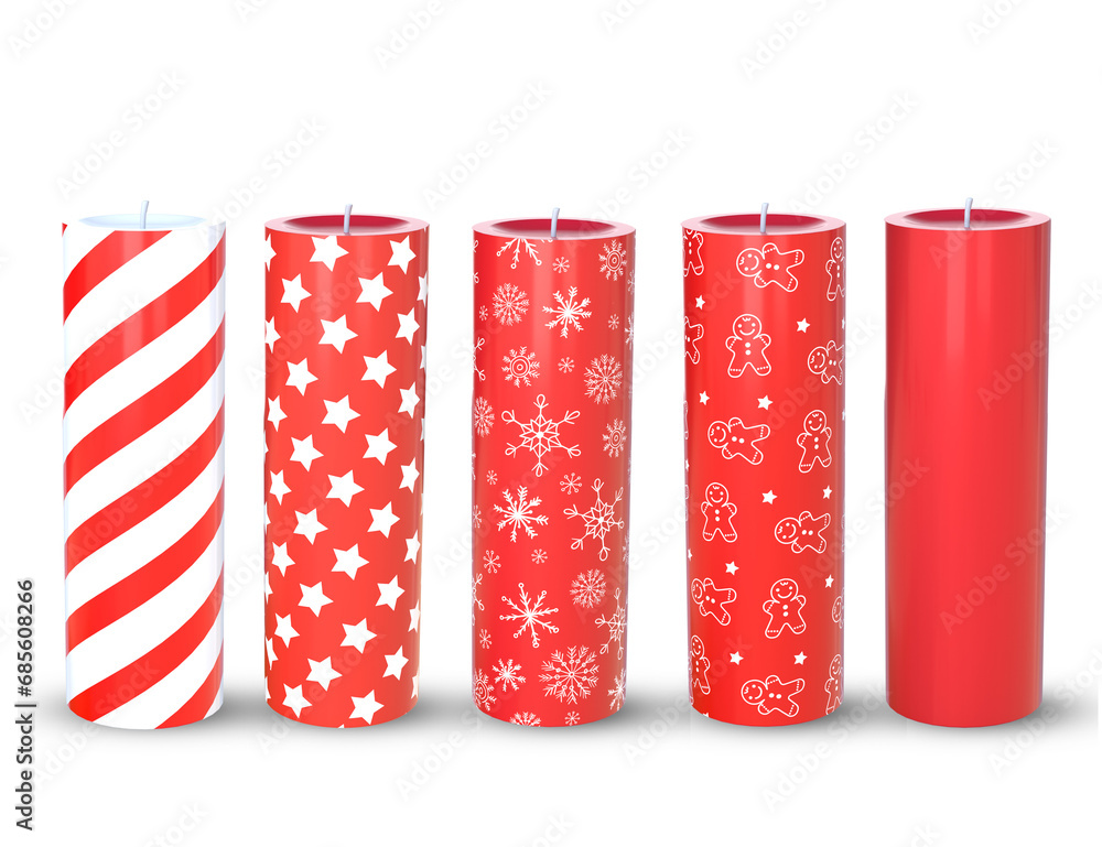 3D Rendering Red Christmas Candles Different Designs Isolated On Transparent Background, PNG File Add 3D Rendering Red Christmas Candles Different Designs Isolated On Transparent Background, PNG File Add