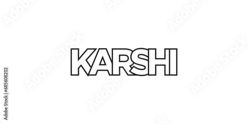 Karshi in the Uzbekistan emblem. The design features a geometric style, vector illustration with bold typography in a modern font. The graphic slogan lettering.