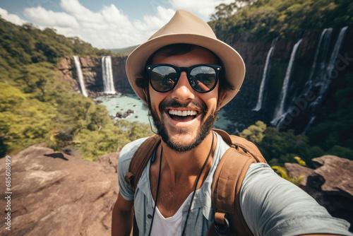 Male hiker taking a selfie in an amazing landscape with a spectacular waterfall.