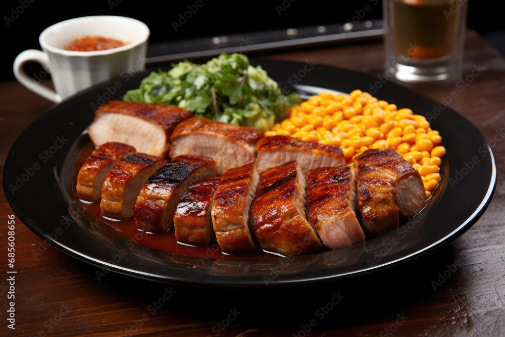 Tasty dish consisting in slices of roast pork on plate with beans