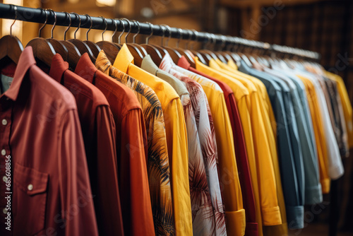 A colorful array of shirts hanging on a store rack. Suitable for fashion retail, clothing store promotions, seasonal sales, and vibrant apparel advertisements.