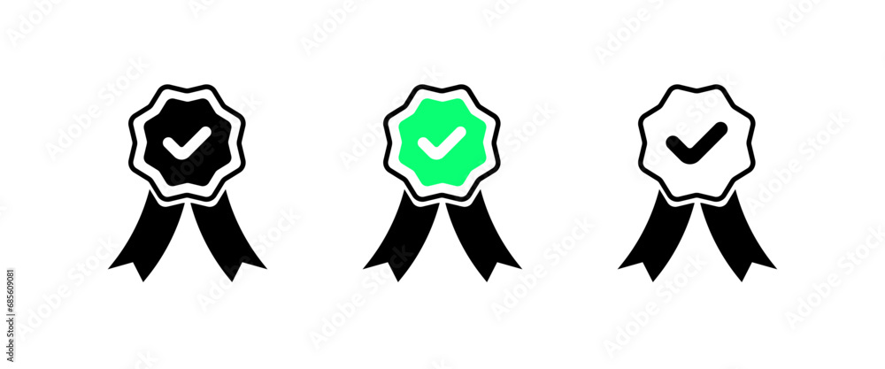 Medals with checkmark icons. Silhouette, a tick inside a medal, a chest medal with a tick. Vector icons