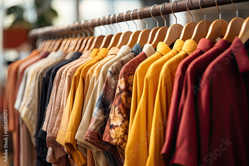 Wallpaper Mural A colorful array of shirts hanging on a store rack. Suitable for fashion retail, clothing store promotions, seasonal sales, and vibrant apparel advertisements. Torontodigital.ca