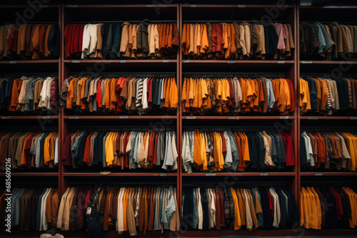 A colorful array of shirts hanging on a store rack. Suitable for fashion retail, clothing store promotions, seasonal sales, and vibrant apparel advertisements. photo