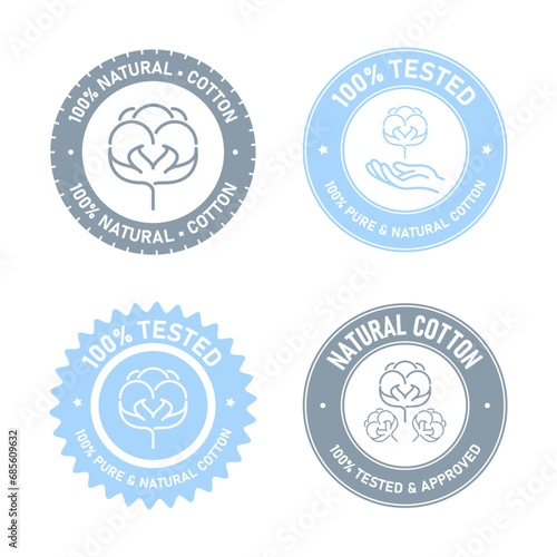 Cotton 100% tested, textile approved, fabric product stamp. Seal, Icon, Logo, vector