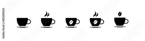 Cups with coffee icons. Silhouette, black, coffee bean icon on a cup, cups of coffee. Vector icons