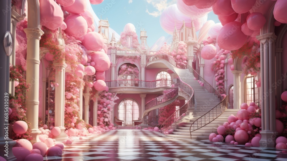 Wonderful fantasy pink castle for fairytale princess. Elegant towers, columns and stairs decorated with giant lollipops, candies and sweets. A fairytale dream castle for all little children.