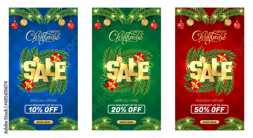 SALE Merry Christmas with Christmas branch  balls  snowflakes. For sale  vertical banner  posters  cover design templates  social media wallpaper stories