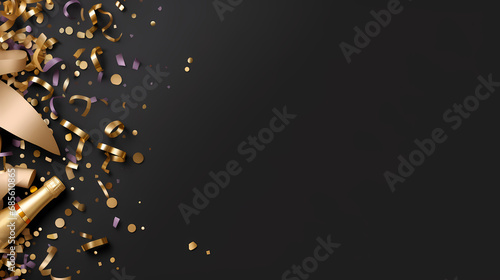 Celebration background with golden champagne bottle, confetti stars and party streamers. Christmas, birthday or wedding concept. Flat lay.