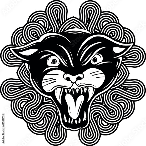 Vector Cartoon Angry Black Panther Head Line Art