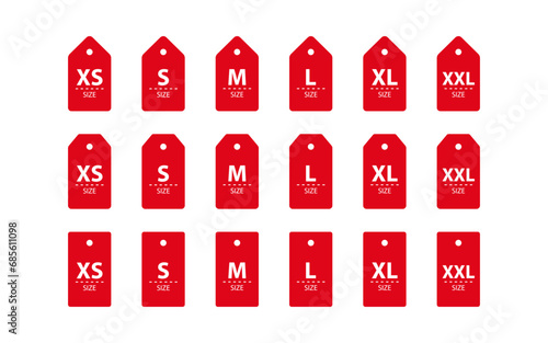 Red clothes label size, tag S, XS, M, L, XL, XXL symbols. Textile badges with seams and fabric texture. Shopping sticker. Vector illustration.