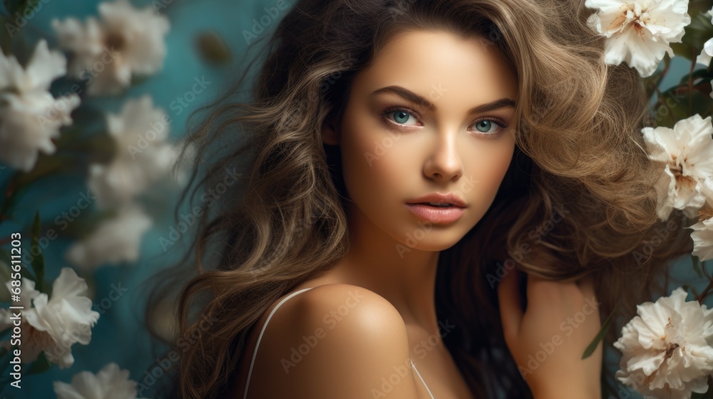 Portrait of young beautiful platinum blonde girl with stylish make-up, prom hairdo and flowers Portrait of young beautiful platinum blonde girl with stylish make-up, prom hairdo and flowers
