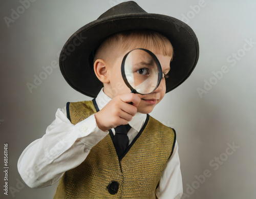 A little boy in a classic suit looks through a magnifying glass.