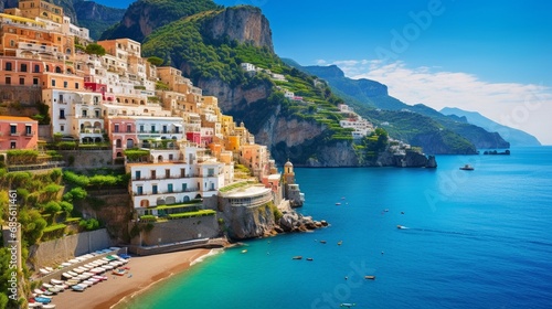 The dramatic cliffs and turquoise waters of the Amalfi Coast in Italy, with a view of the picturesque town of Positano.