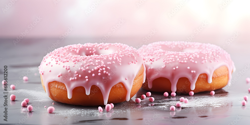 Delicious sweet donuts with pink glaze and sprinkles on table, blurry background Delicious sweet donuts with pink glaze and sprinkles on table, blurry background