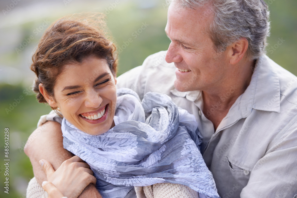 Couple, face and laughing outdoor with hug for romance, love and relationship in nature with date. Mature, man and woman or embrace with happy, playful and joy for bonding, honeymoon and support Couple, face and laughing outdoor with hug for romance, love and relationship in nature with date. Mature, man and woman or embrace with happy, playful and joy for bonding, honeymoon and support