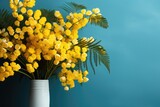Mimosa flowers bouquet on a blue background. Easter, Mothers Day, Women's day concept. Copy space for text