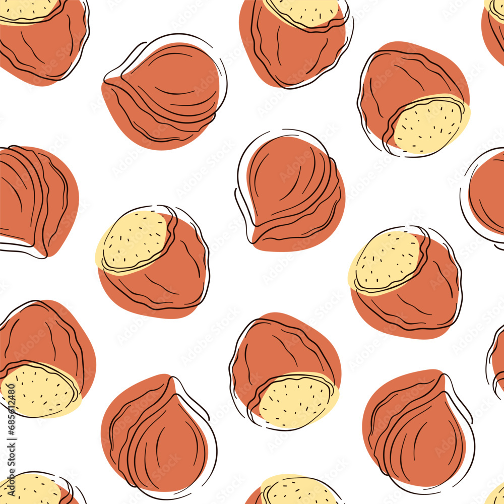 Hazelnut seamless pattern in line art, flat style. Hand drawn, sketch. Vector illustration on a white background.