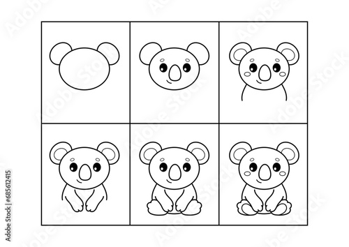 Koala. Step by step drawing. Coloring page, coloring book page. Black and white vector illustration.