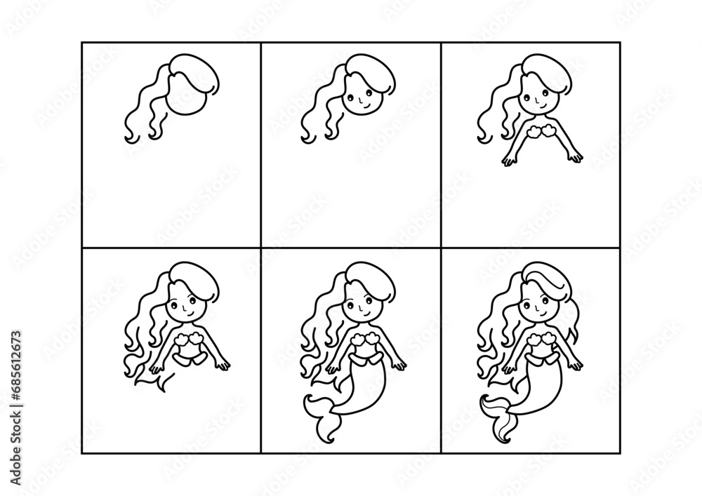 Fototapeta premium Mermaid. Step by step drawing. Coloring page, coloring book page. Black and white vector illustration.