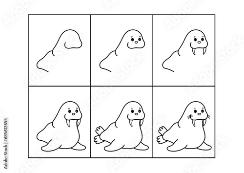 Walrus. Step by step drawing. Coloring page, coloring book page. Black and white vector illustration.