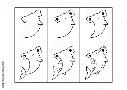 Hammerhead shark. Step by step drawing. Coloring page, coloring book page. Black and white vector illustration.