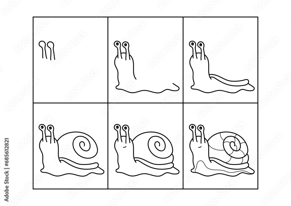 Snail Step Snail. Step by step drawing. Coloring page, coloring book page. Black ...
