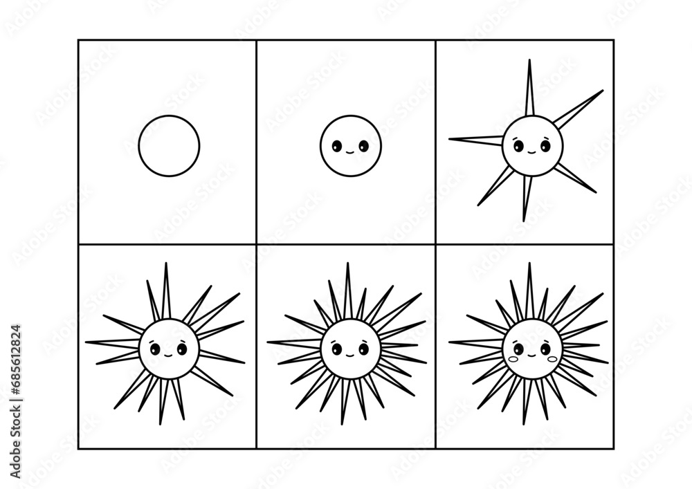 Sea urchin. Step by step drawing. Coloring page, coloring book page