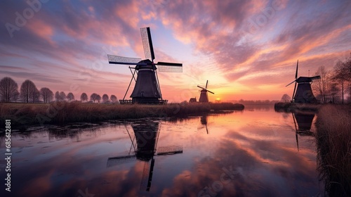 The historic windmills of Kinderdijk, Netherlands, reflected in the calm canal waters at sunset.